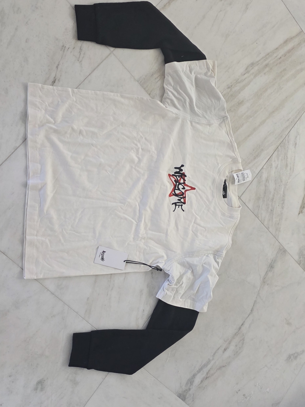 Welcome Cream Tee with Black Long Sleeves and Red Star Graphic